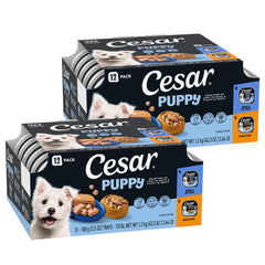 Cesar Puppy Classic Loaf in Sauce image shows a juicy, chicken-based loaf for puppies.