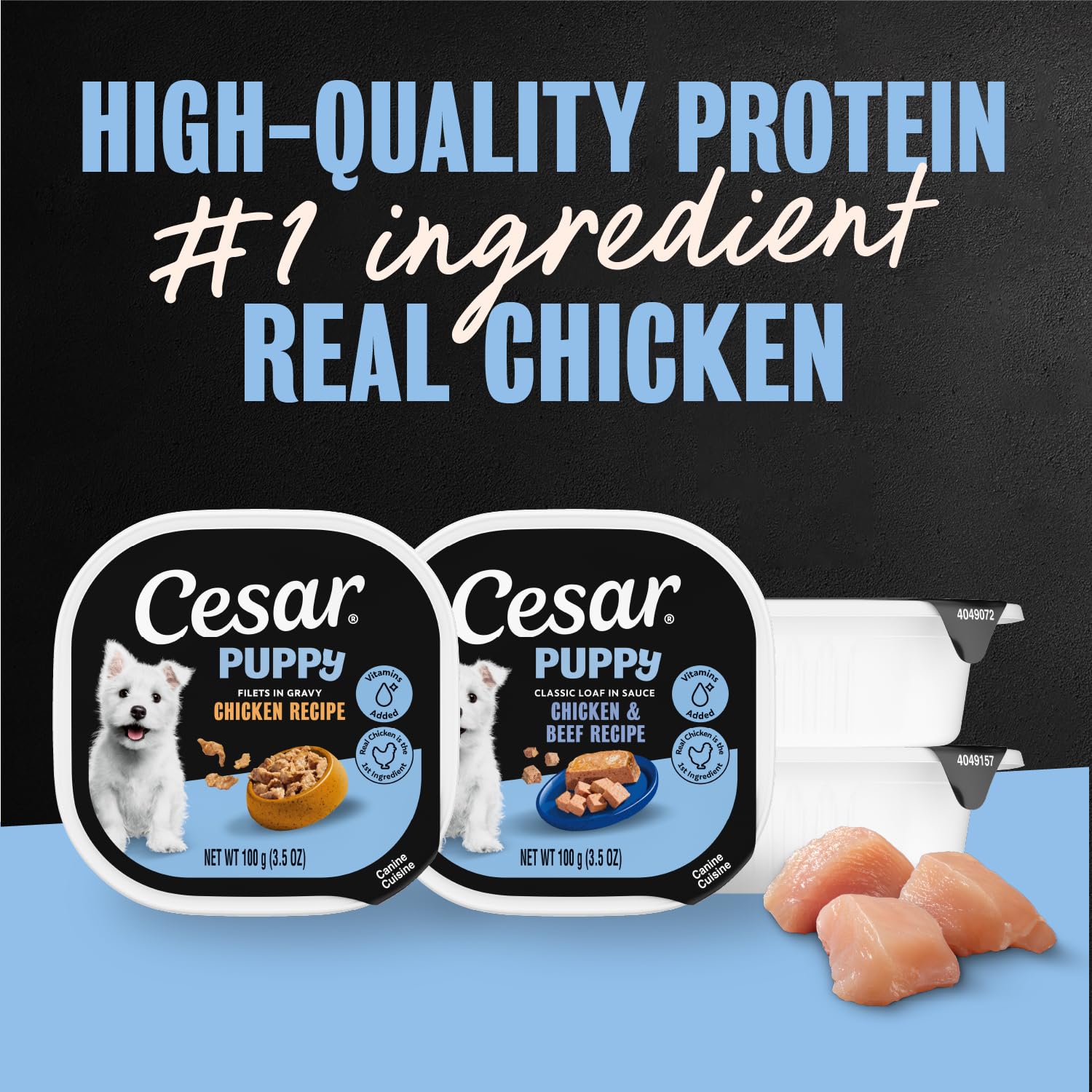 Cesar Puppy Easy Peel Seals image highlights convenient, freshness-preserving packaging.