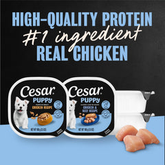 Cesar Puppy Easy Peel Seals image highlights convenient, freshness-preserving packaging.