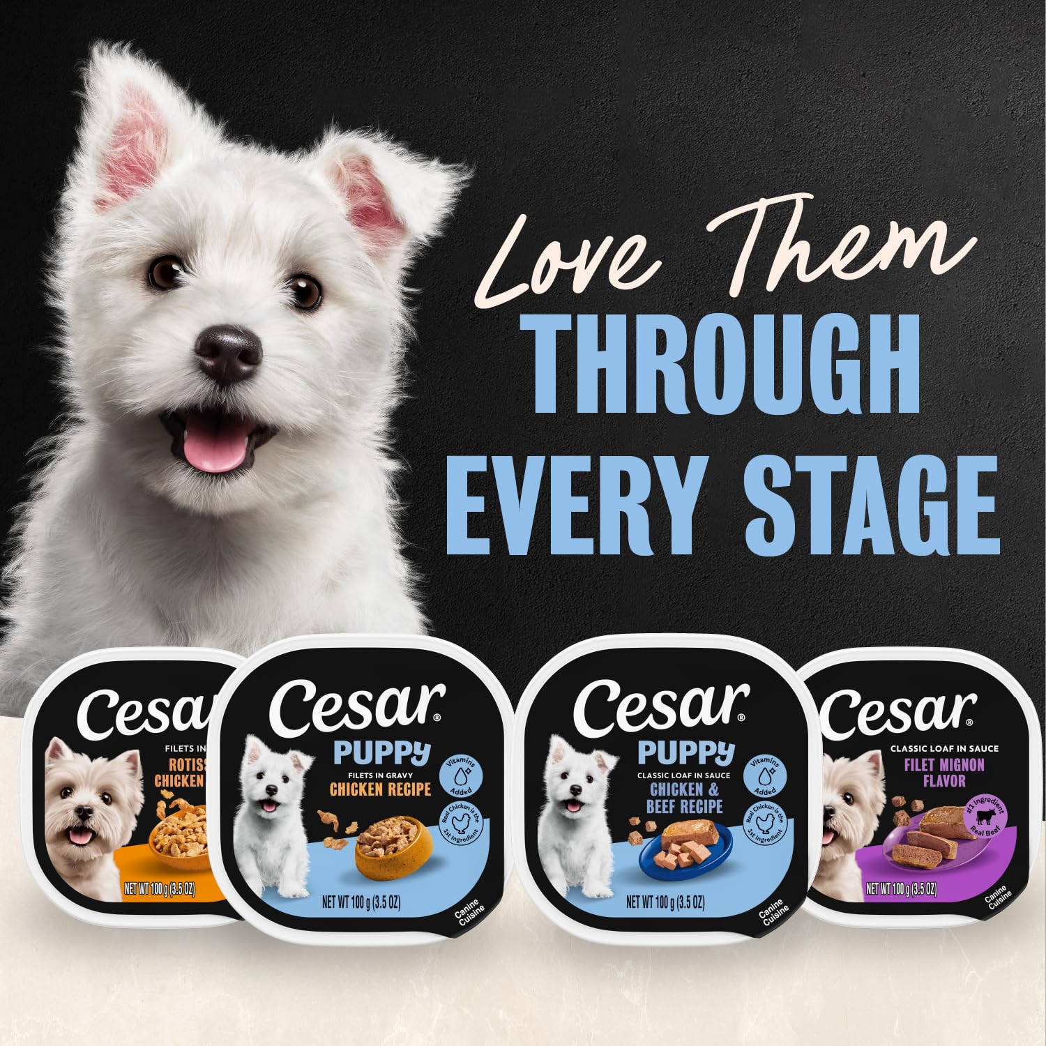 Cesar Puppy Nutrition Essentials Calcium and Potassium image highlights key minerals for growth.