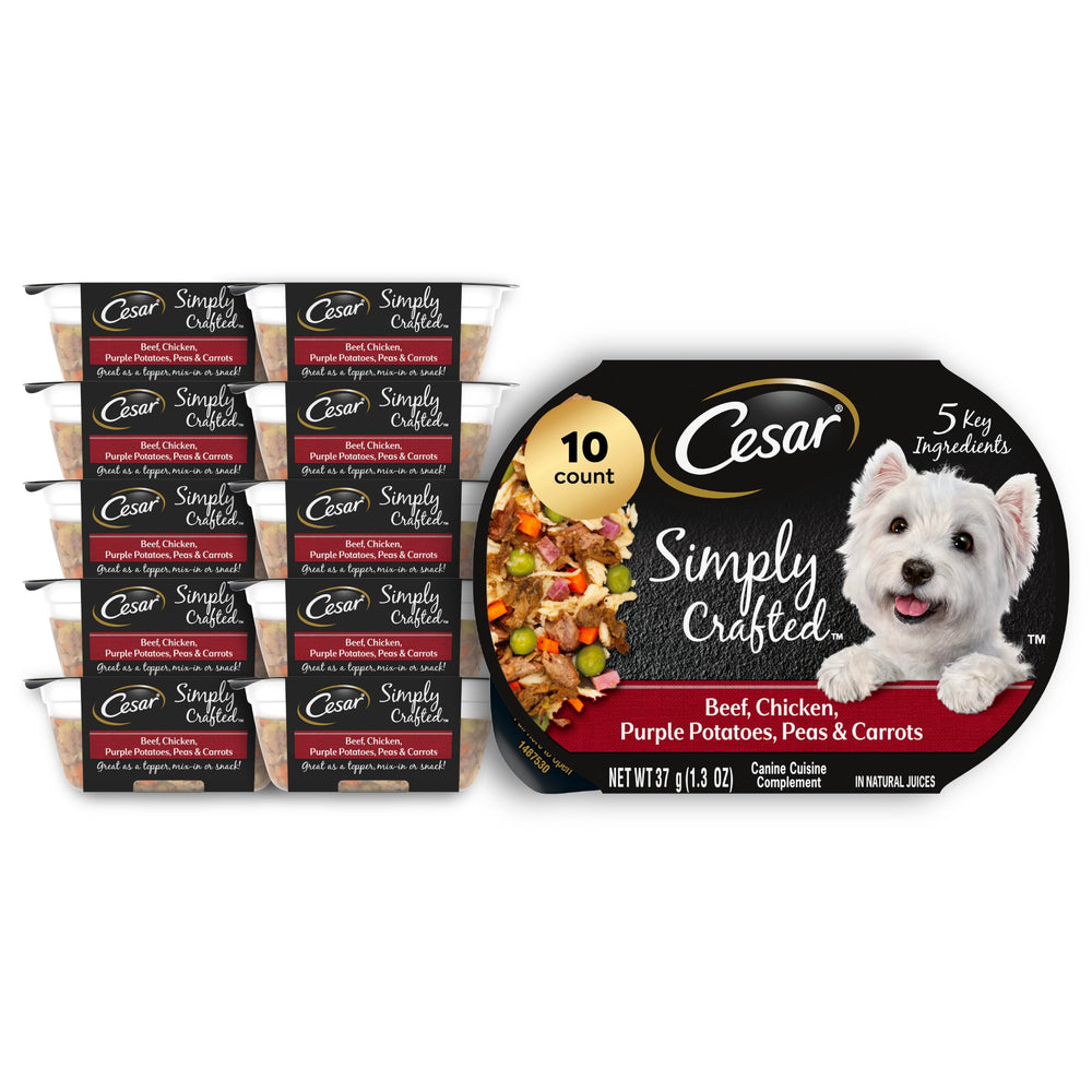 Cesar Simply Crafted beef-chicken-vegetables topper in a tub for enhanced dry meals.