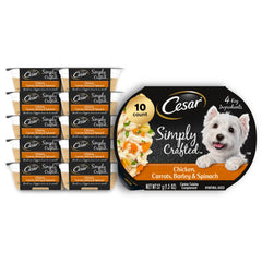 Cesar Simply Crafted topper with real chicken and vegetables in a convenient tub