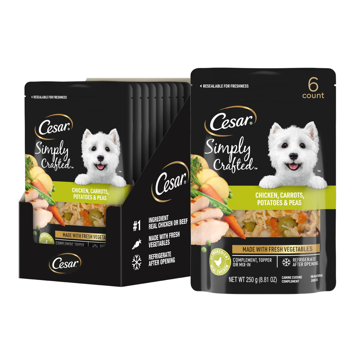 Cesar Simply Crafted chicken chunks provide real protein in a tasty topper.