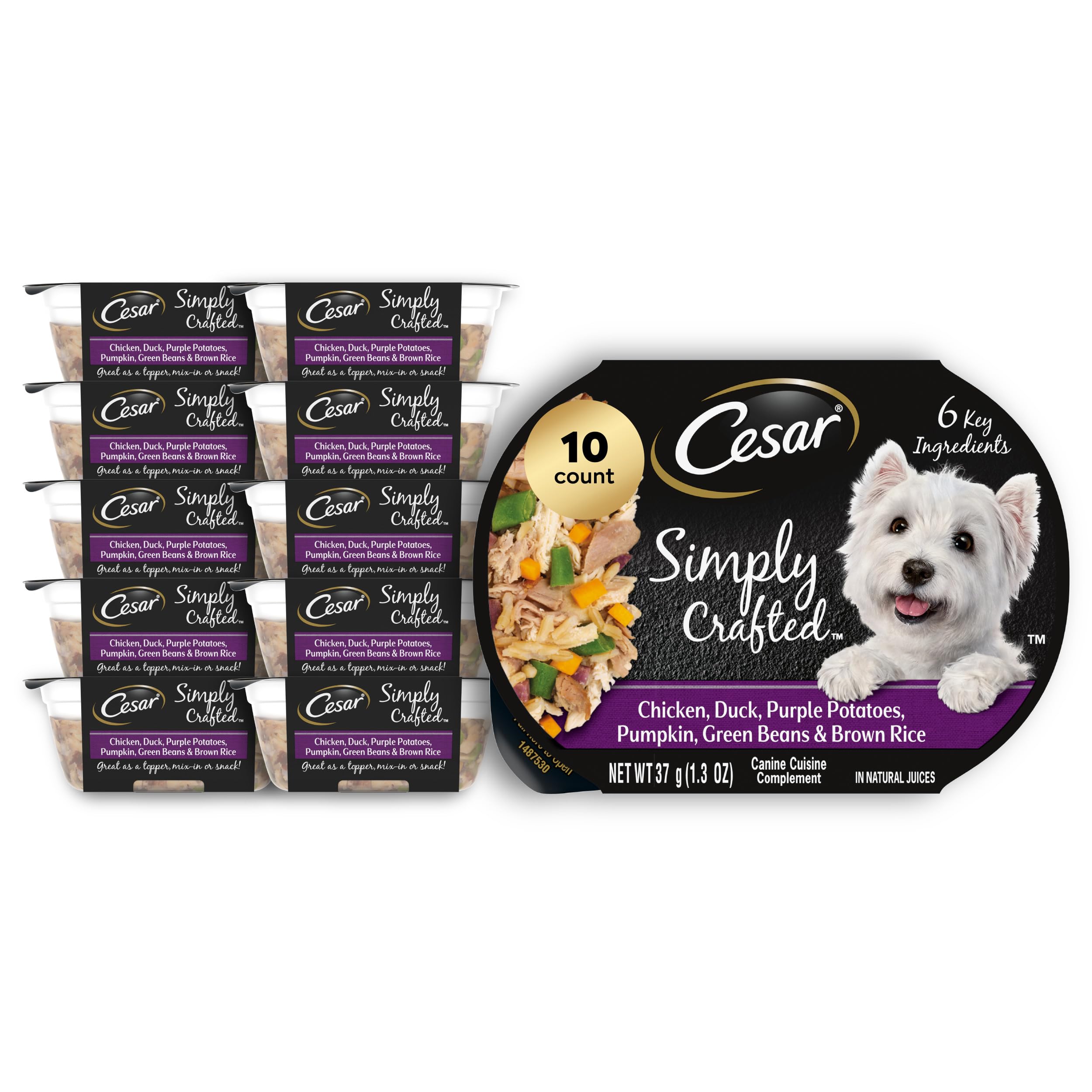 Cesar Simply Crafted chicken-duck-vegetables topper in tub; ideal for mixing with dry kibble