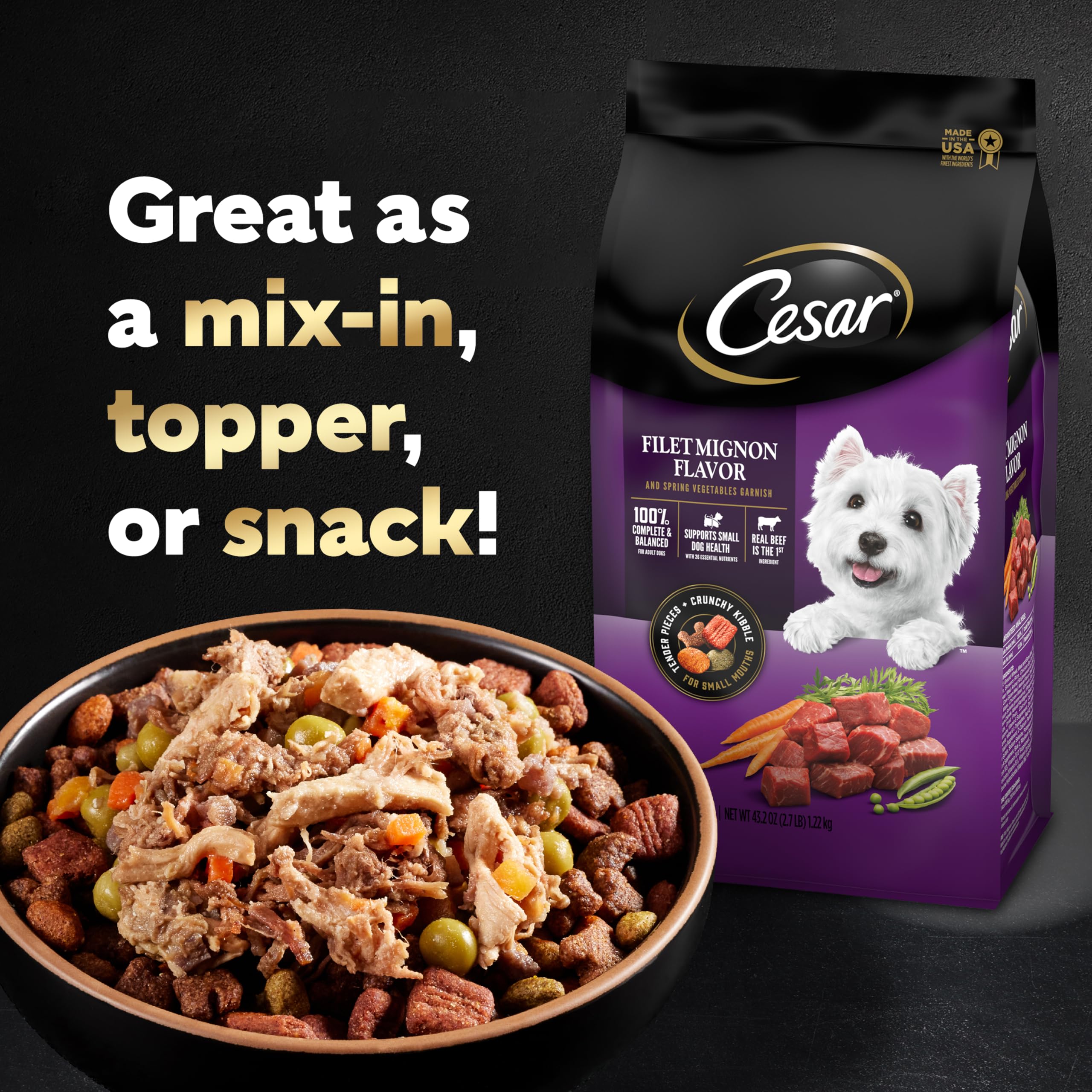 Cesar Simply Crafted gourmet dog food topper enhances daily meals.