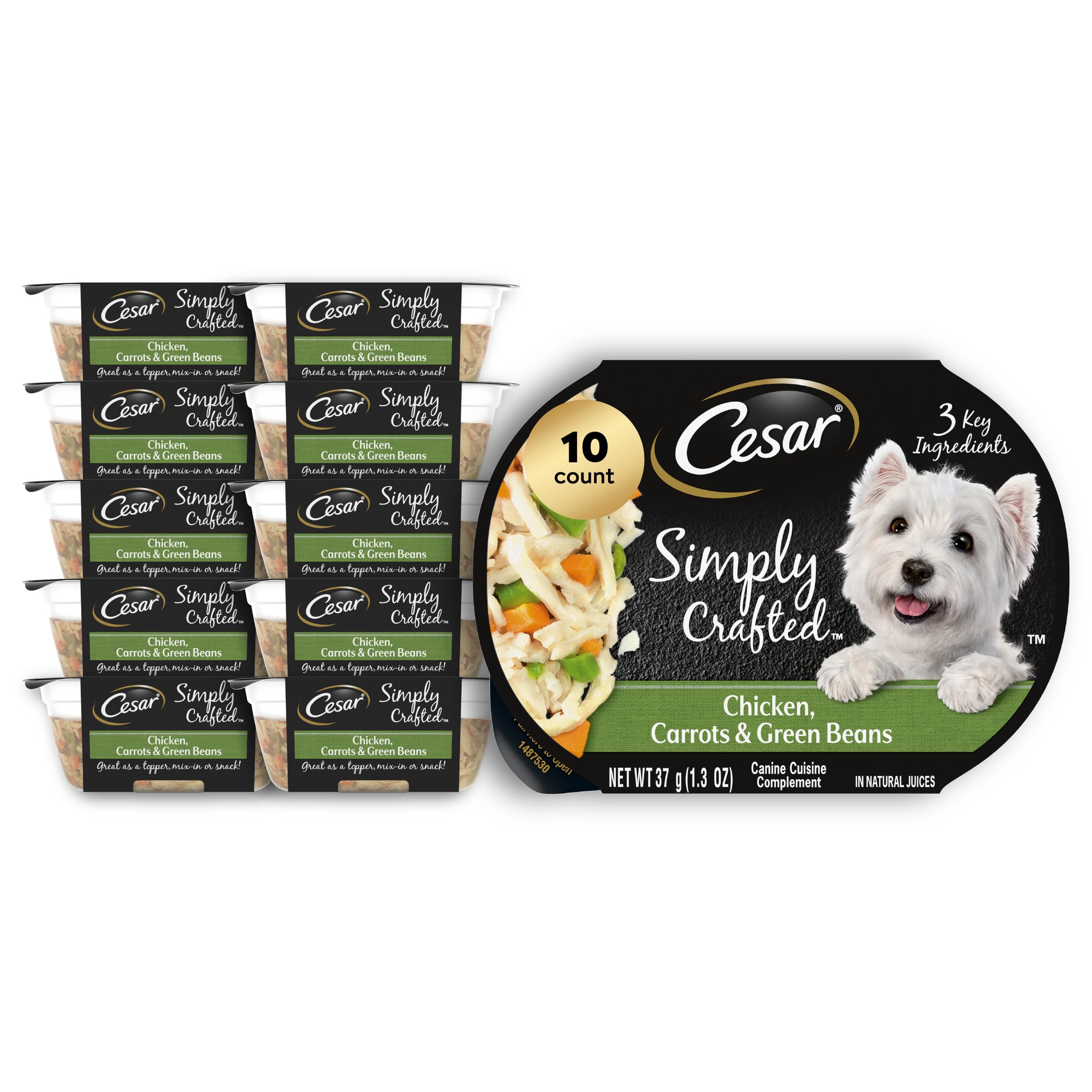 Cesar Simply Crafted topper with chicken, carrots and green beans, ideal for kibble topping