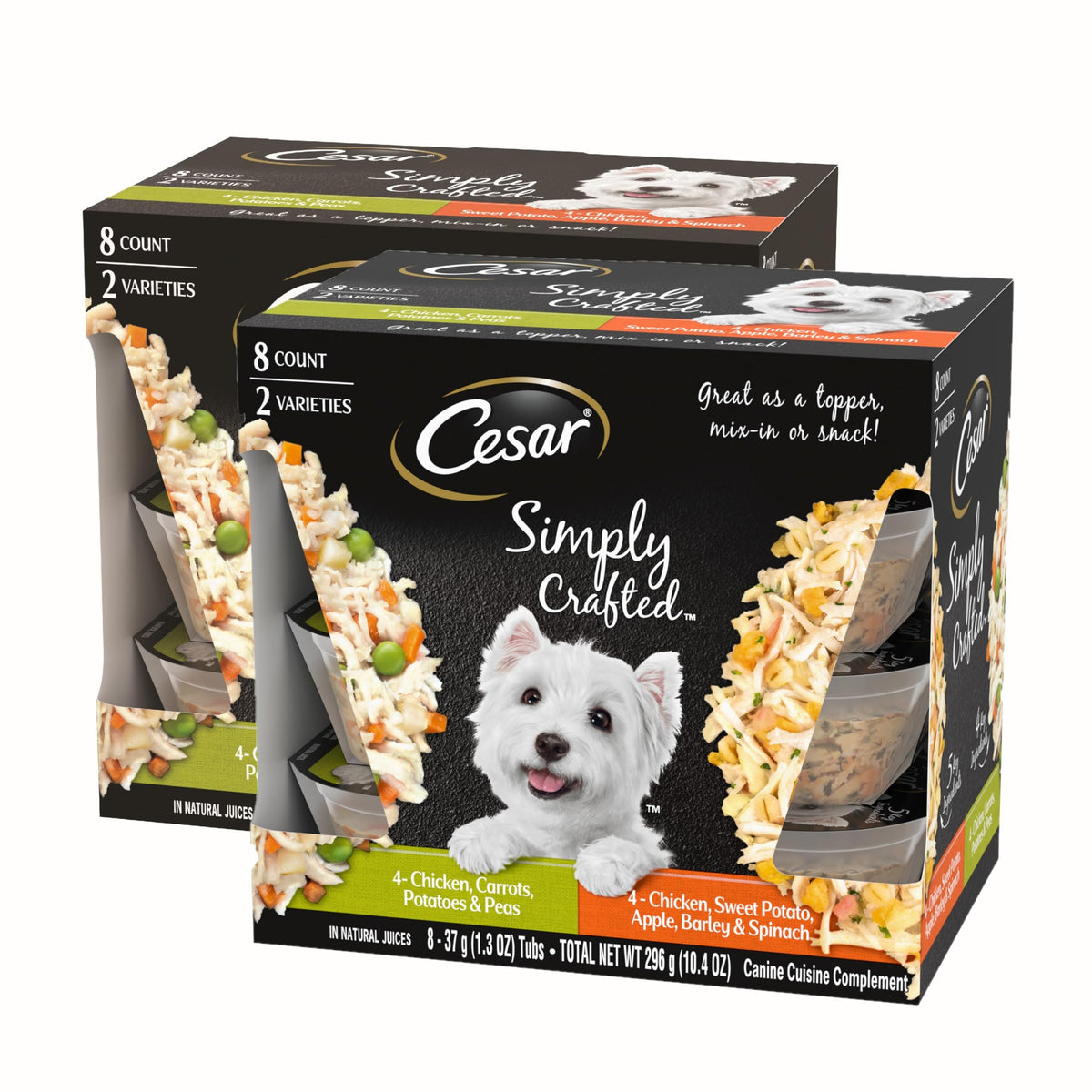 Cesar Simply Crafted topper with real chicken closeup over kibble for tastier meals