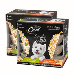 Cesar Simply Crafted topper with real chicken closeup over kibble for tastier meals