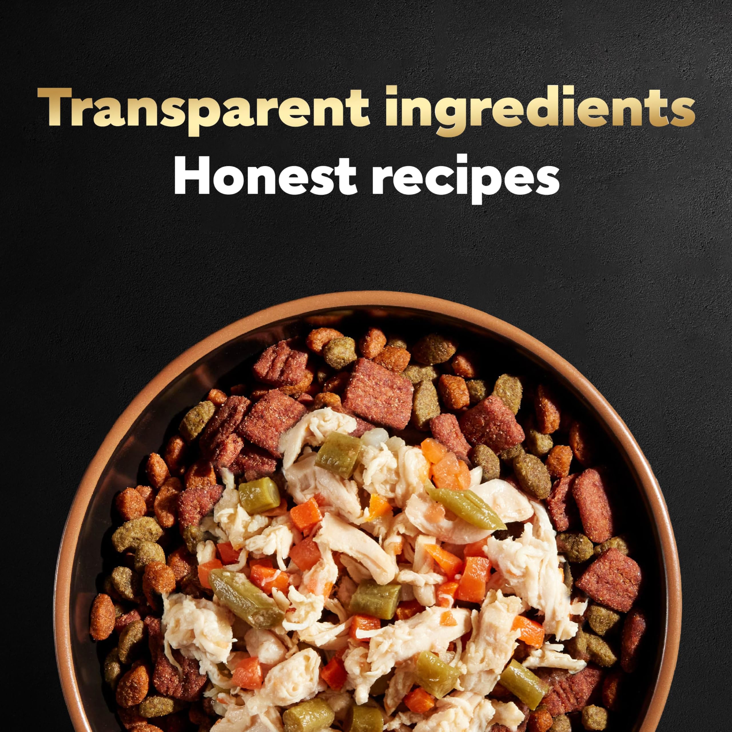 Cesar Simply Crafted topper with kibble demonstrates easy mixing with dry food.