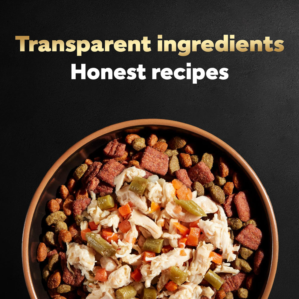 Cesar Simply Crafted topper with kibble demonstrates easy mixing with dry food.