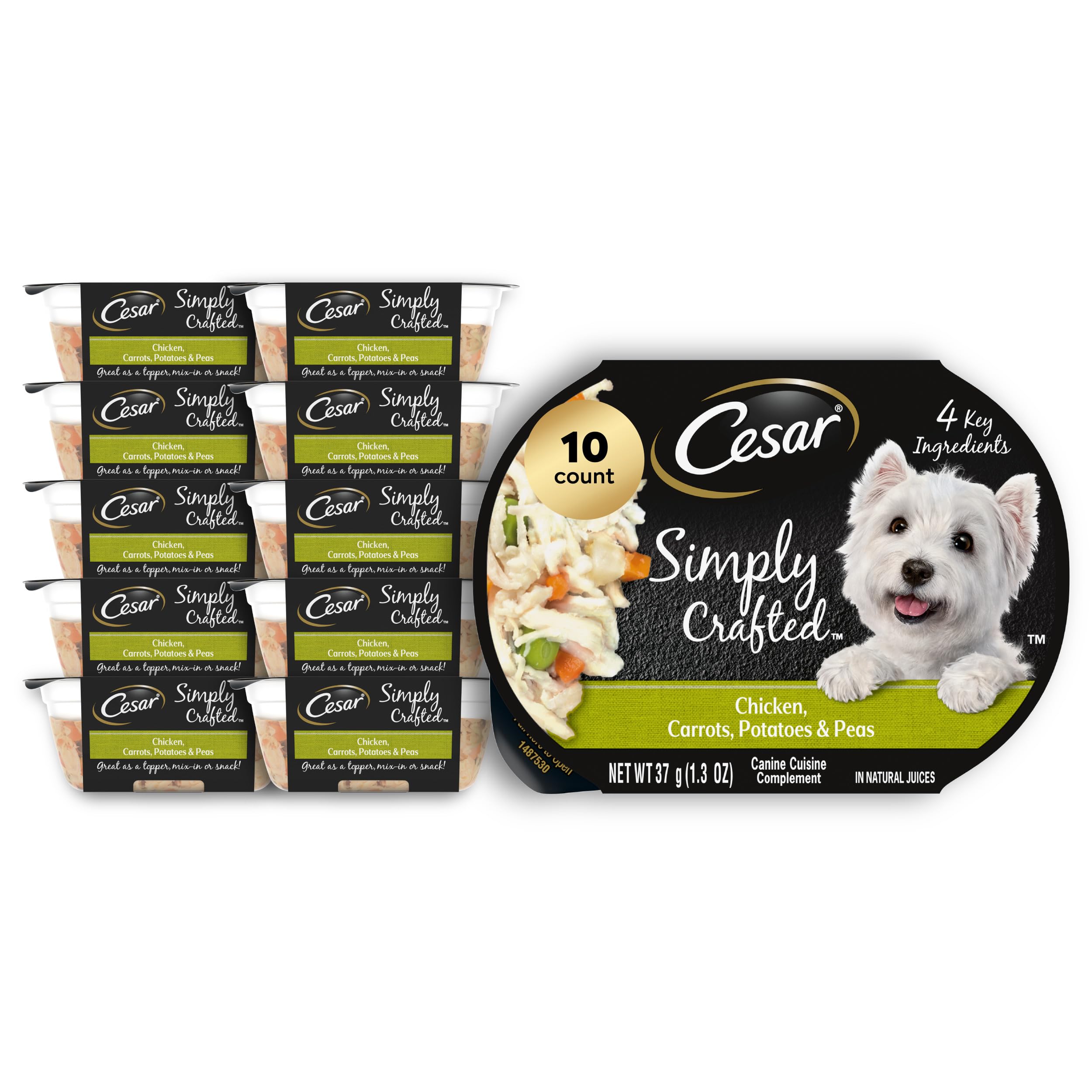Cesar Simply Crafted toppers open tub with chicken and vegetables for easy kibble topping.