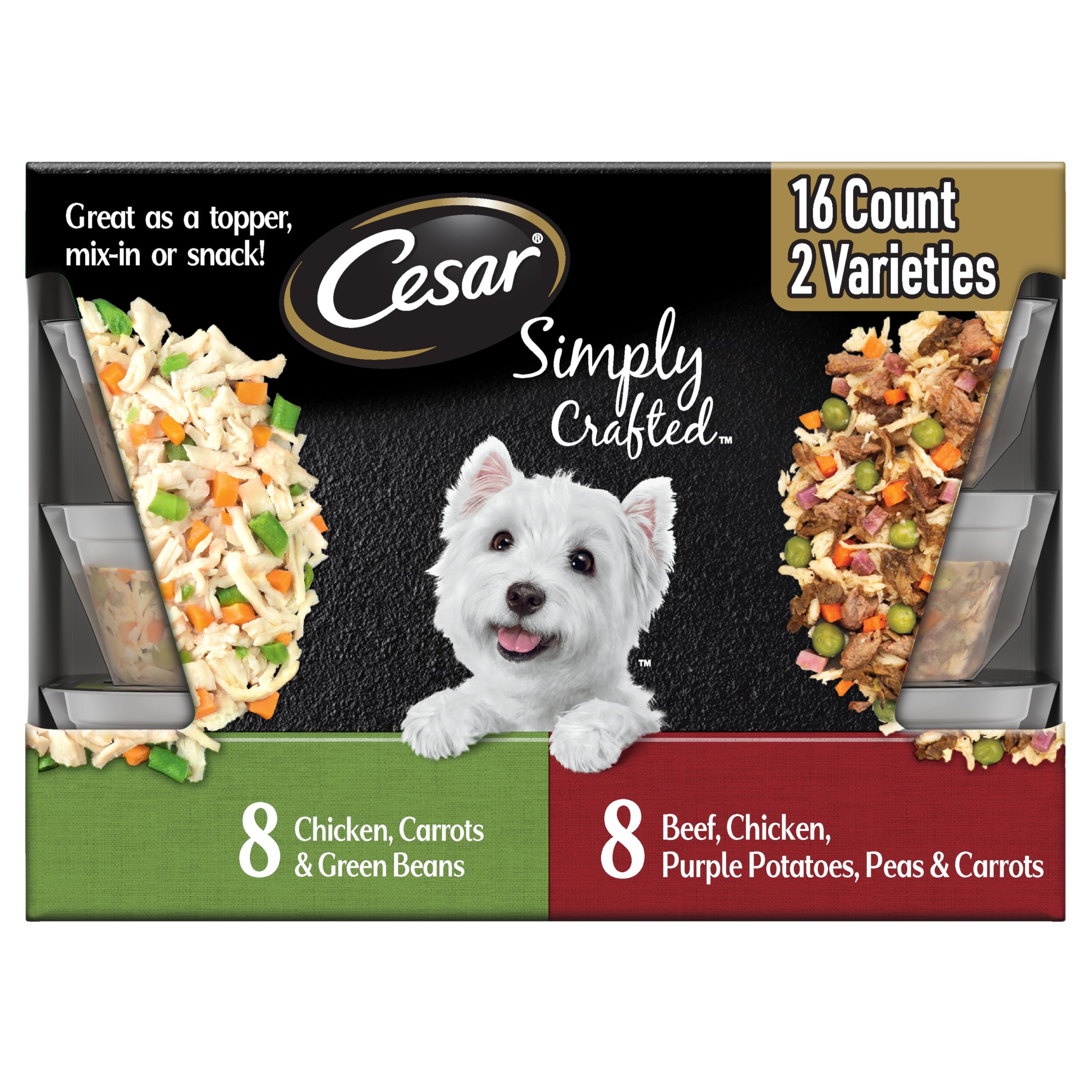 Cesar Simply Crafted beef and vegetables topper on kibble for flavor boost.