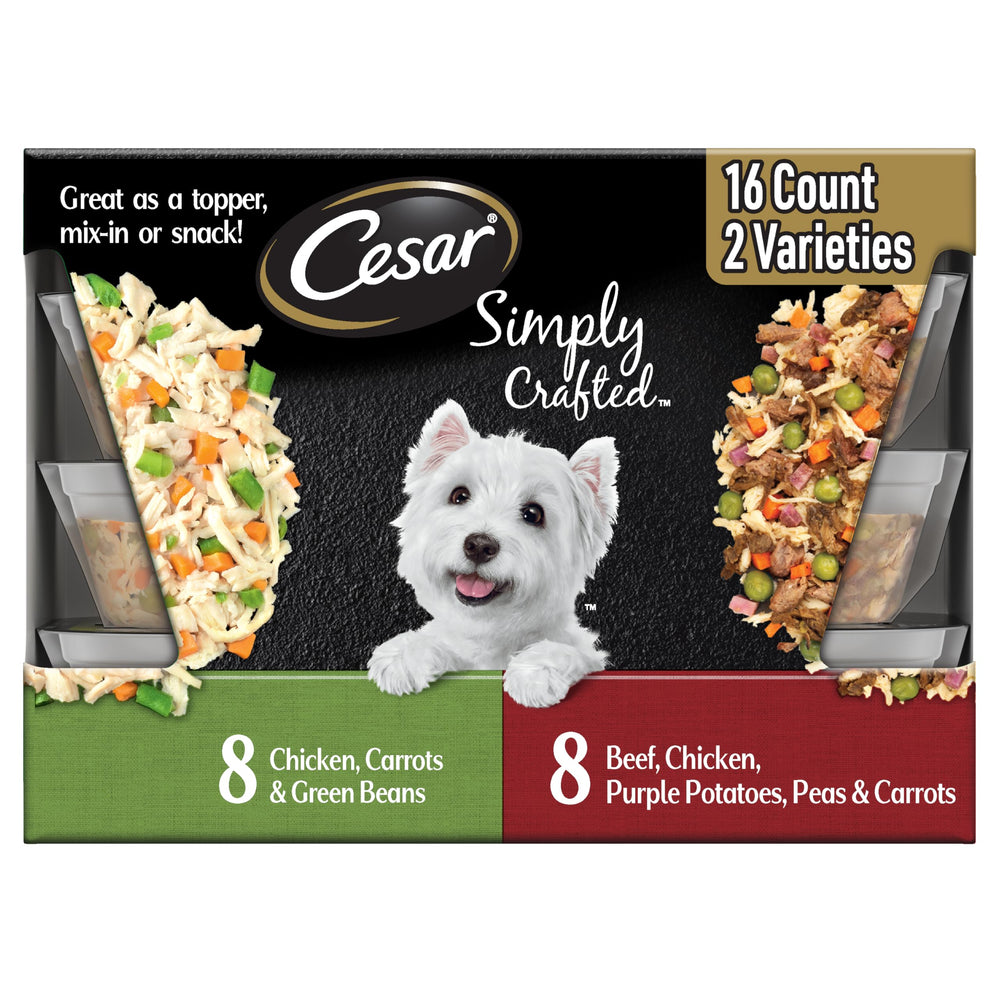 Cesar Simply Crafted beef and vegetables topper on kibble for flavor boost.
