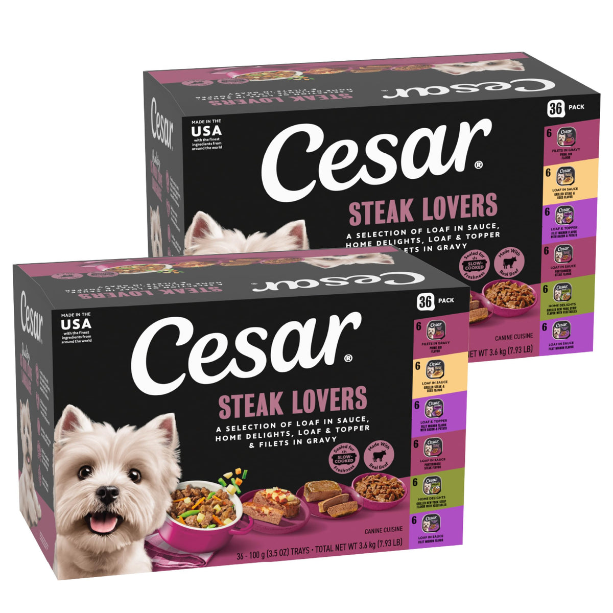 Cesar Steak Lovers tray display showing real meat as the #1 ingredient for dogs