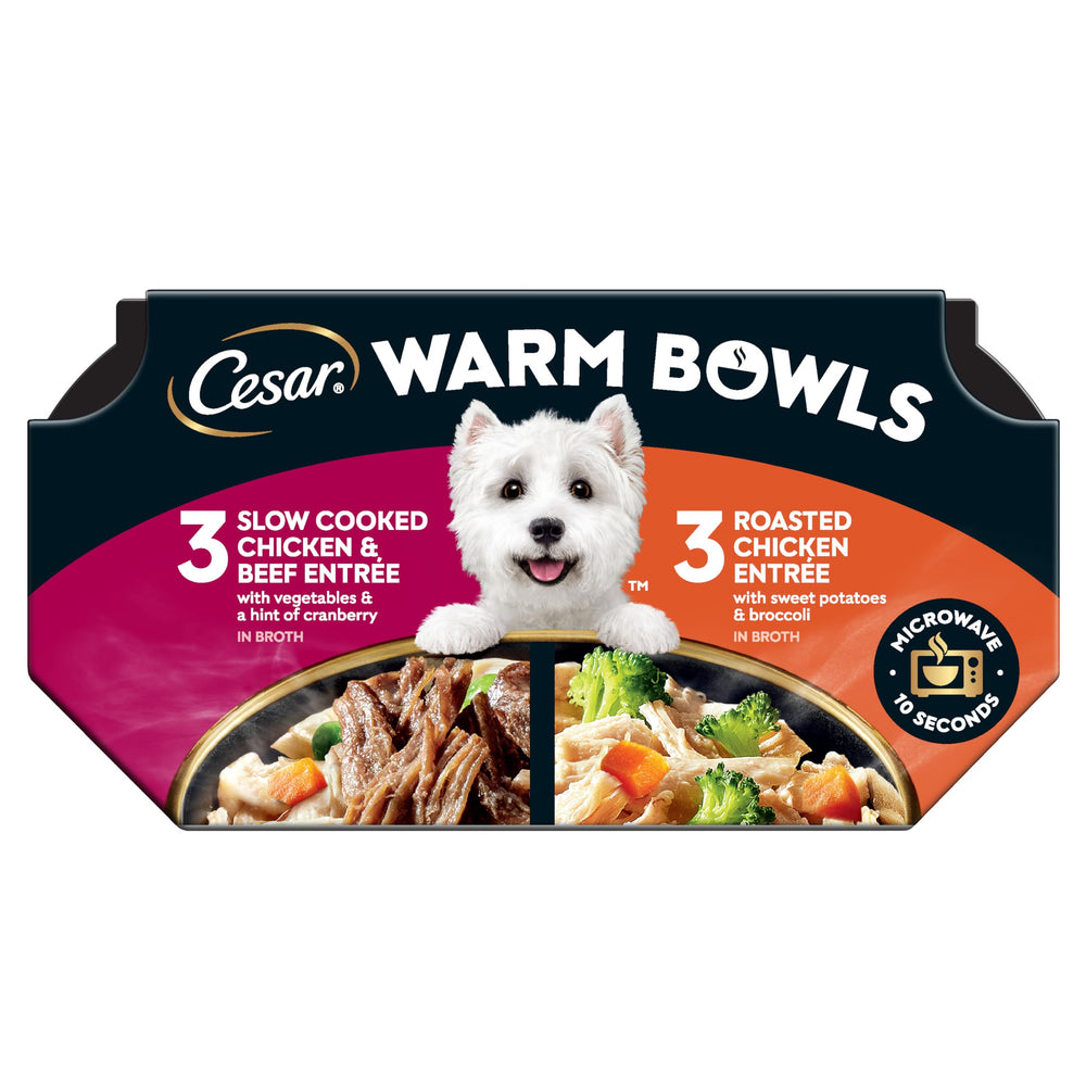 Cesar Warm Bowls chicken-beef entrees tray shows premium ingredients and inviting aroma.