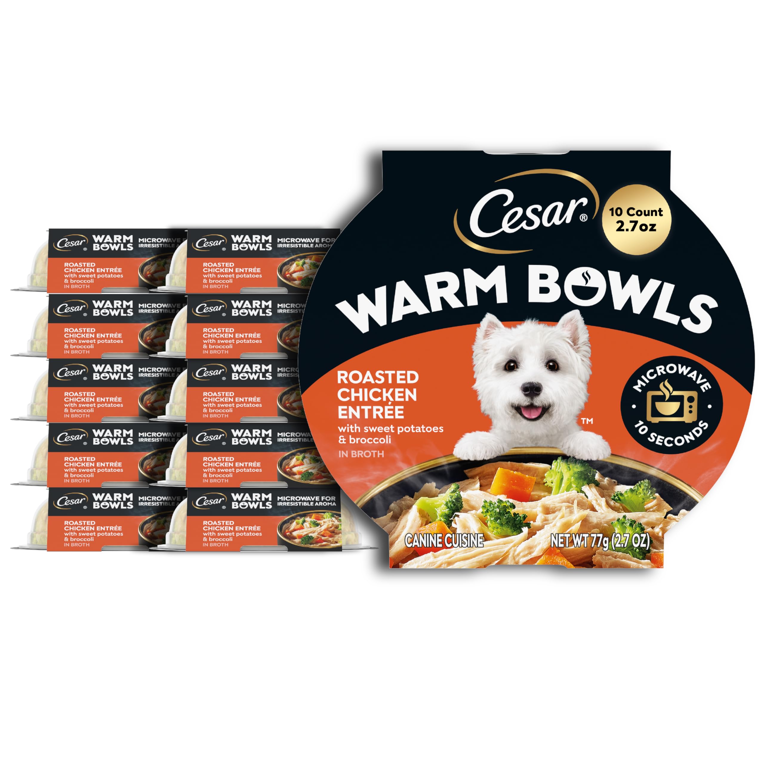 Cesar Warm Bowls Roasted Chicken Entree image showing sweet potatoes and broccoli for dogs.