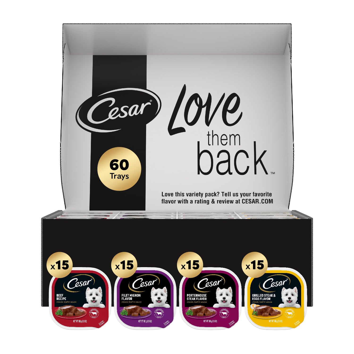 Cesar Variety Pack 60 trays for quick, mess-free meals.