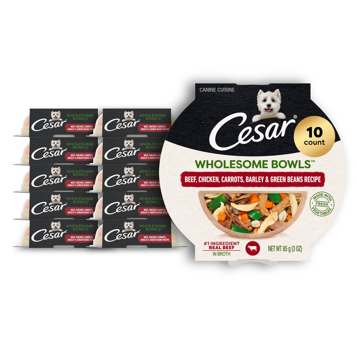 Cesar Wholesome Bowls beef-chicken-carrots-barley-green-beans offers complete nutrition for adult dogs.