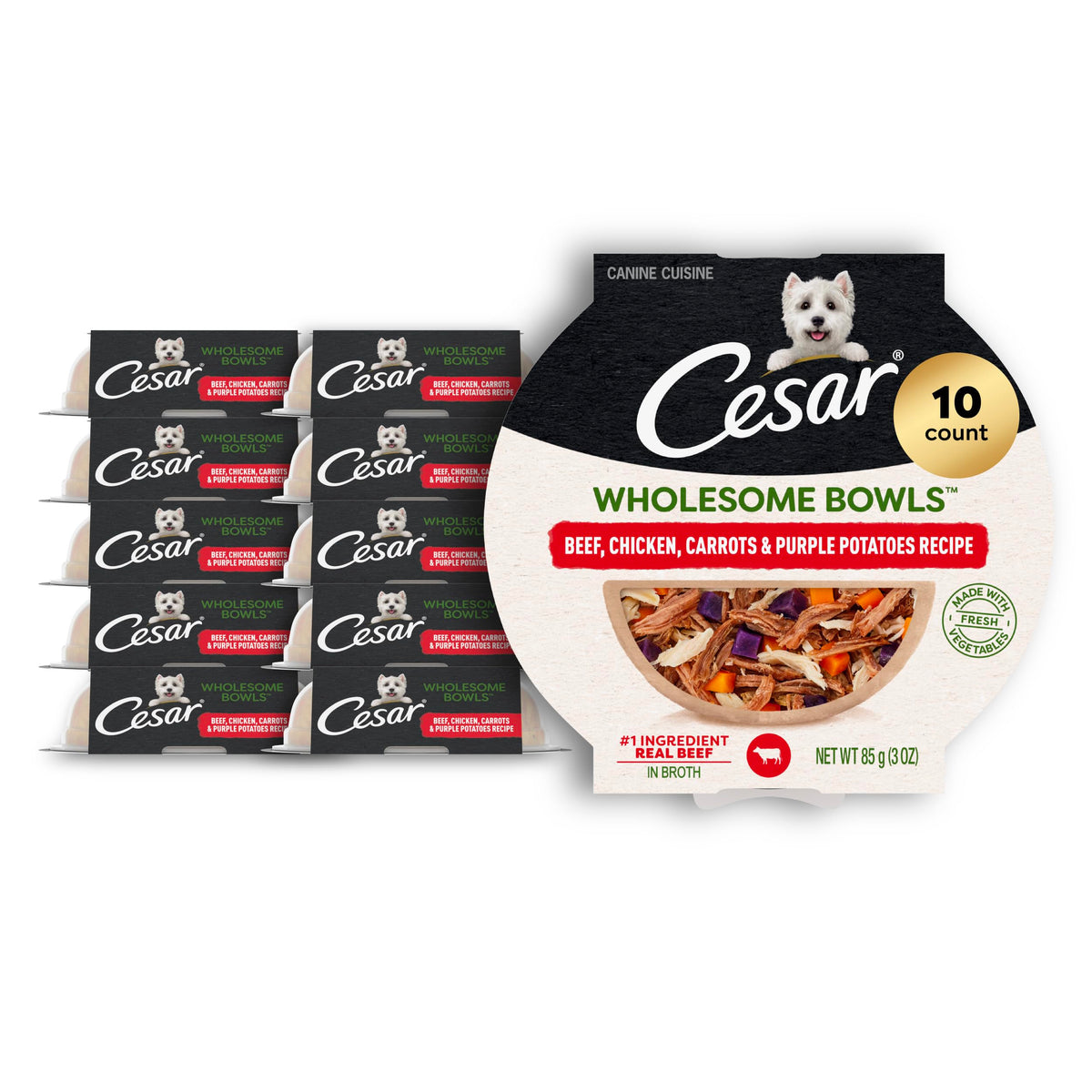 Cesar Wholesome Bowls beef chunks in bowl for a savory adult dog meal
