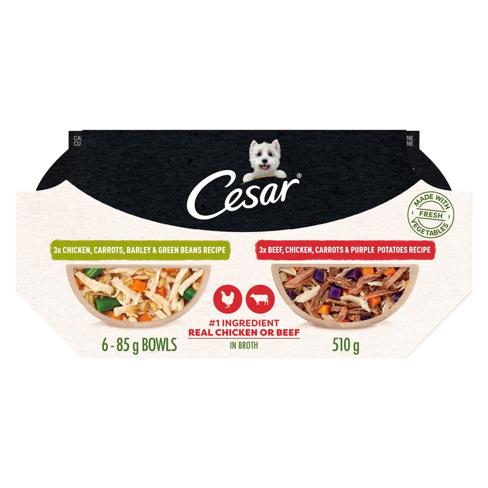 Cesar Wholesome Bowls chicken recipe in a bowl with carrots and barley