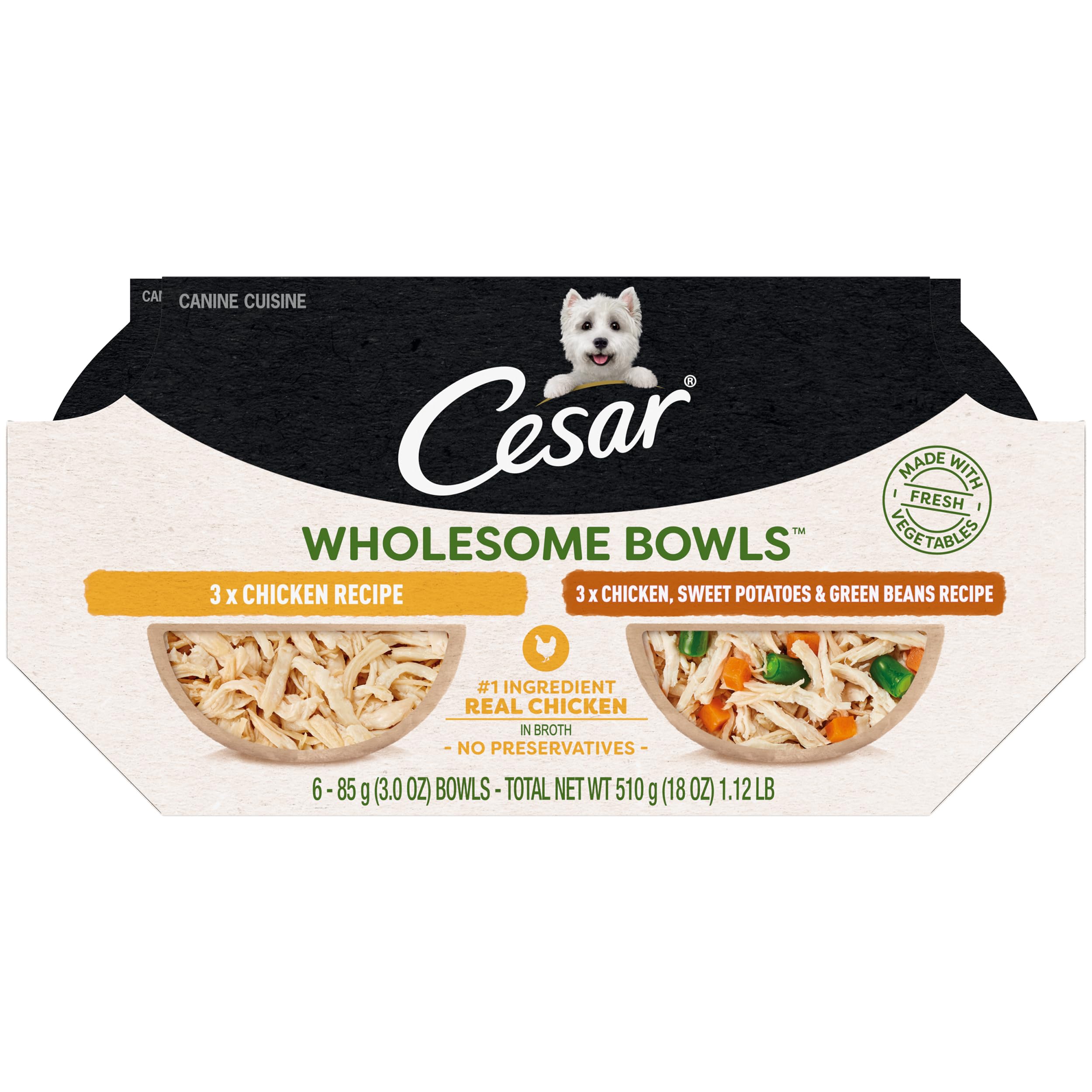 Cesar Wholesome Bowls chicken recipe packshot highlights premium wet dog food packaging and convenience