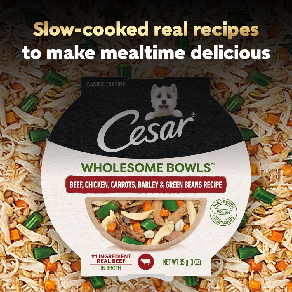 Cesar Wholesome Bowls easy-to-digest formula supports comfortable daily feeding.