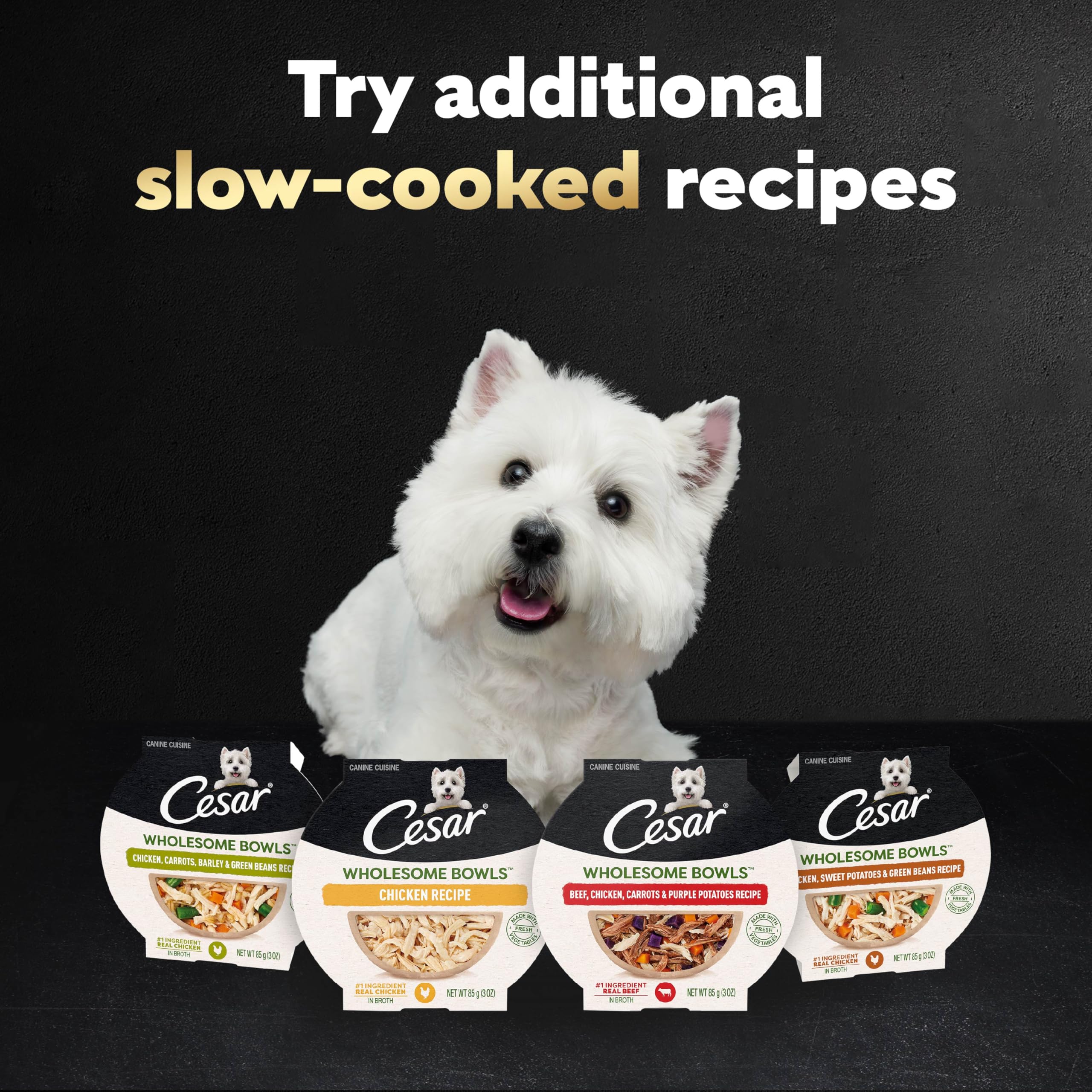 Cesar Wholesome Bowls natural ingredients label highlights no by-products.