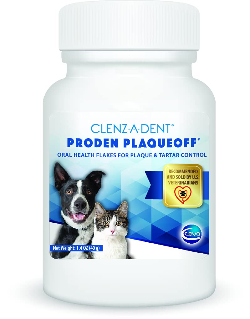 Ceva Clenz-a-dent ProDen PlaqueOff flakes clean teeth and freshen breath in dogs and cats.