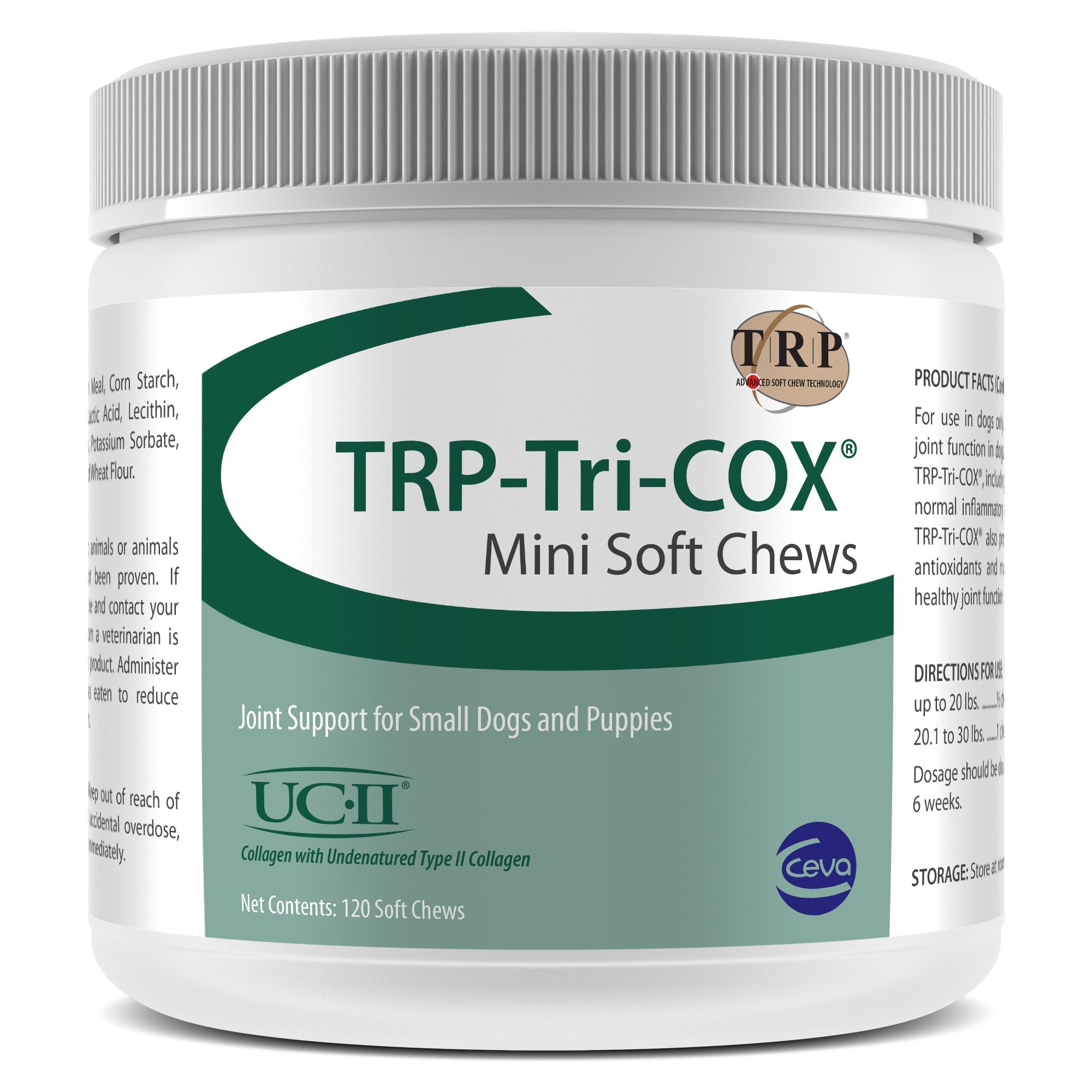 Ceva TRP-Tri-COX Mini Soft Chews jar supports small dogs' joint comfort and mobility.