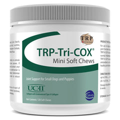 Ceva TRP-Tri-COX Mini Soft Chews jar supports small dogs' joint comfort and mobility.