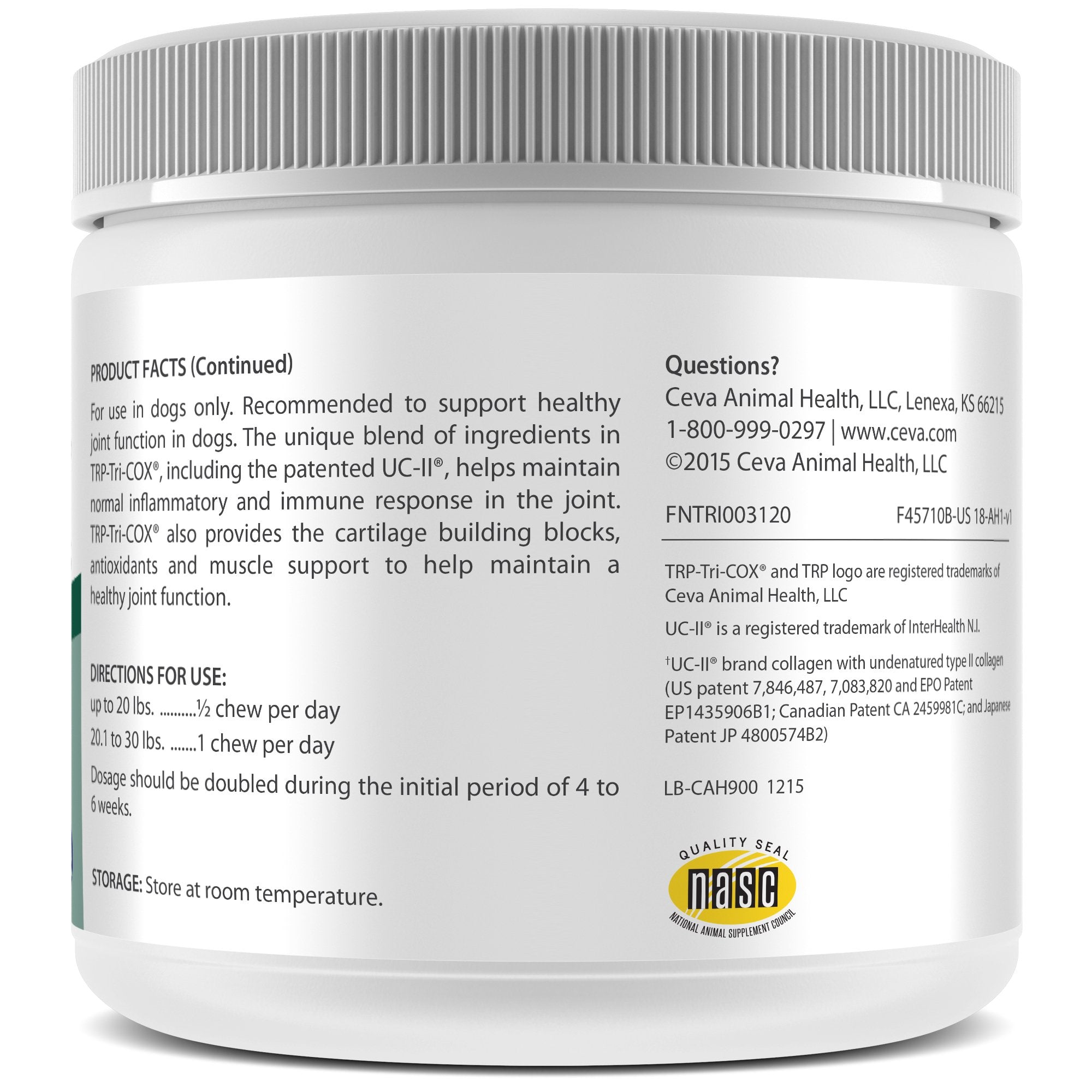 Ceva TRP-Tri-COX Mini Soft Chews liver flavor packaging emphasizes convenient daily joint support for dogs.