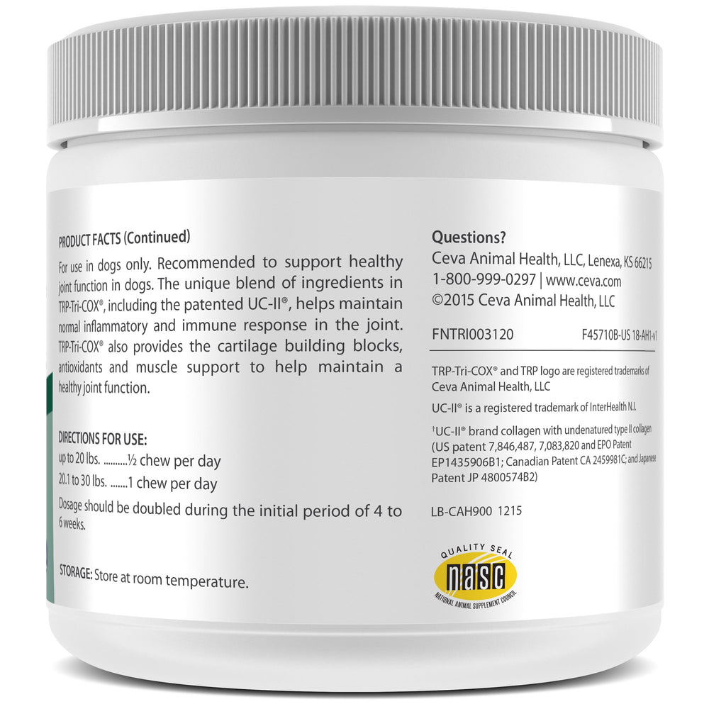Ceva TRP-Tri-COX Mini Soft Chews liver flavor packaging emphasizes convenient daily joint support for dogs.