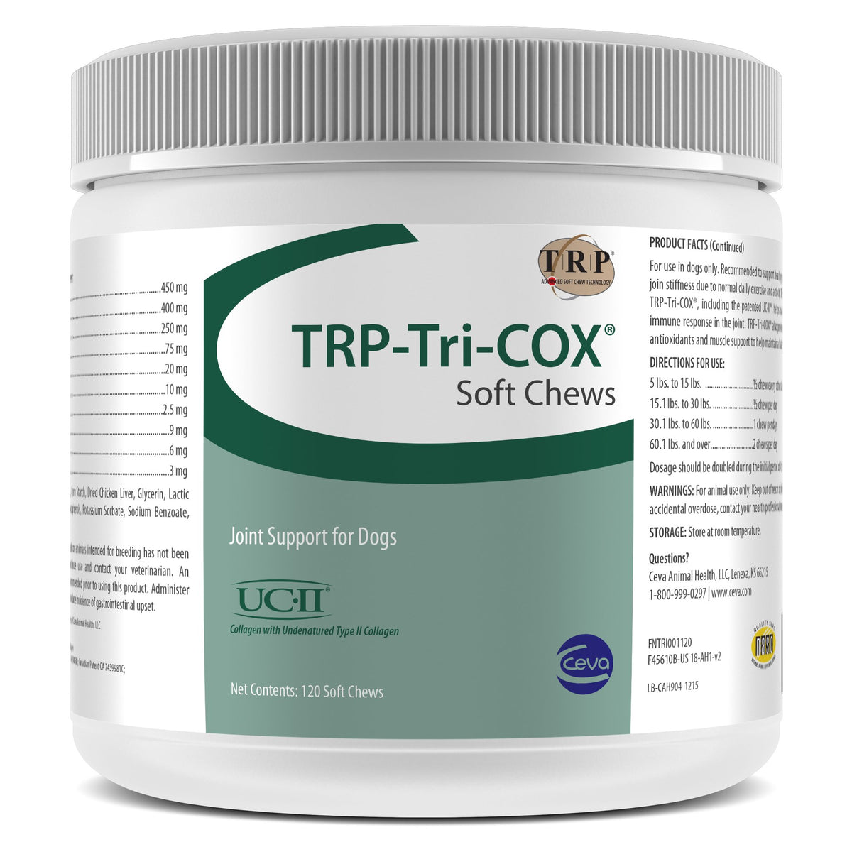 Ceva TRP Tri COX bottle closeup for joint support and liver flavor
