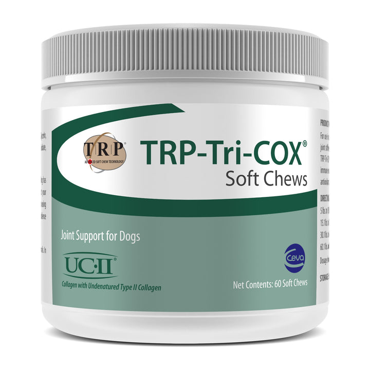Ceva TRP-Tri-COX Soft Chews bottle promotes joint support for dogs
