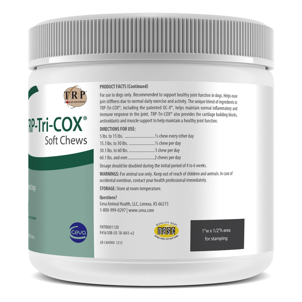 Ceva TRP Tri COX soft chews label closeup with UC II