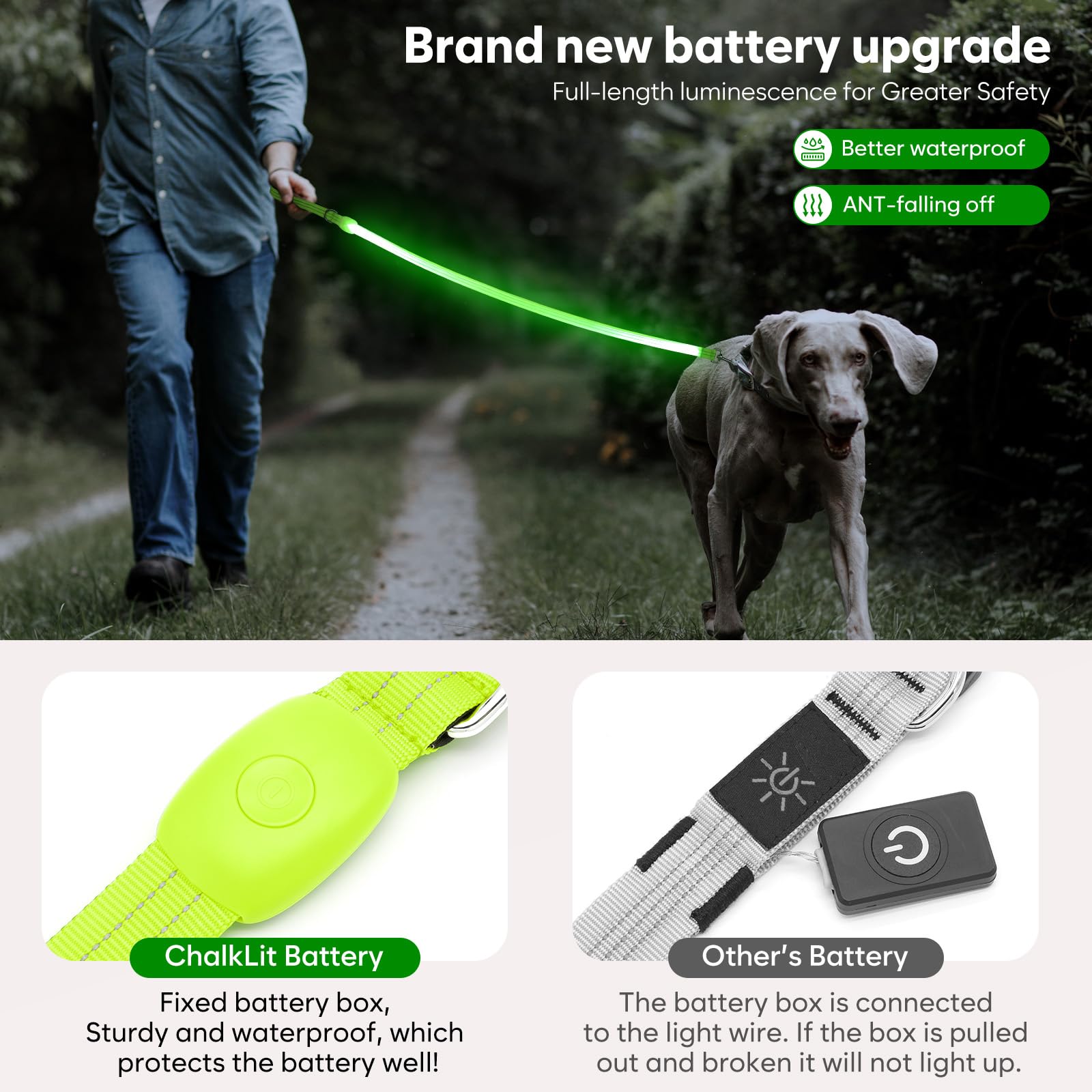 ChalkLit waterproof nylon leash withstands rain and daily use.