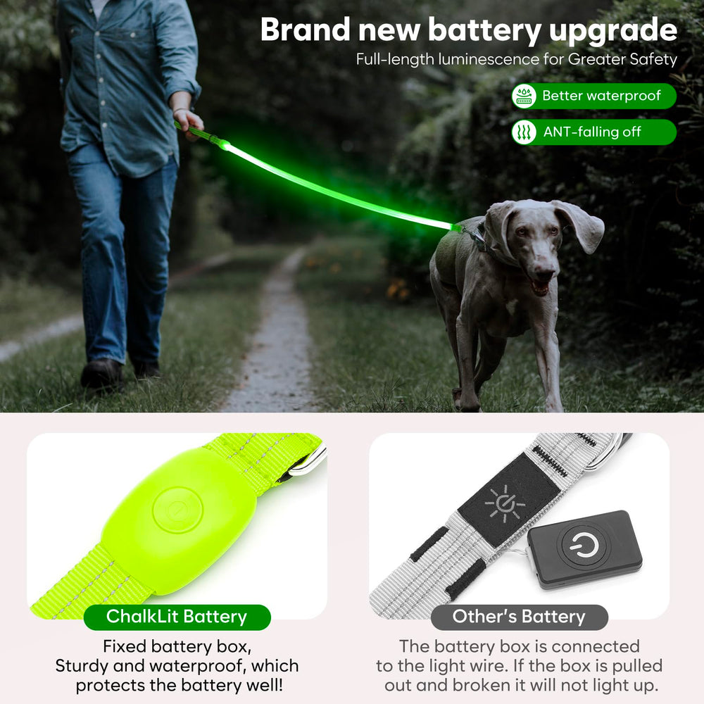 ChalkLit waterproof nylon leash withstands rain and daily use.