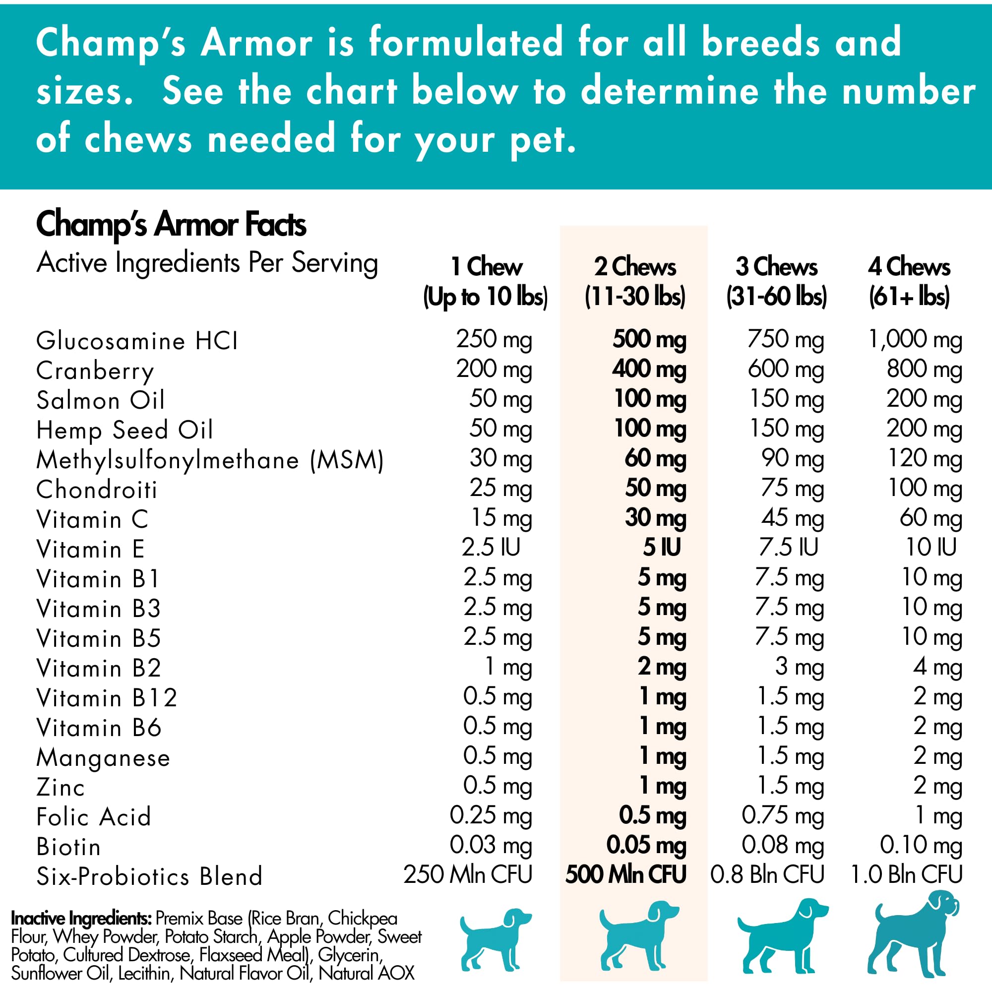 Champ's Armor glucosamine MSM chondroitin supports joint mobility.