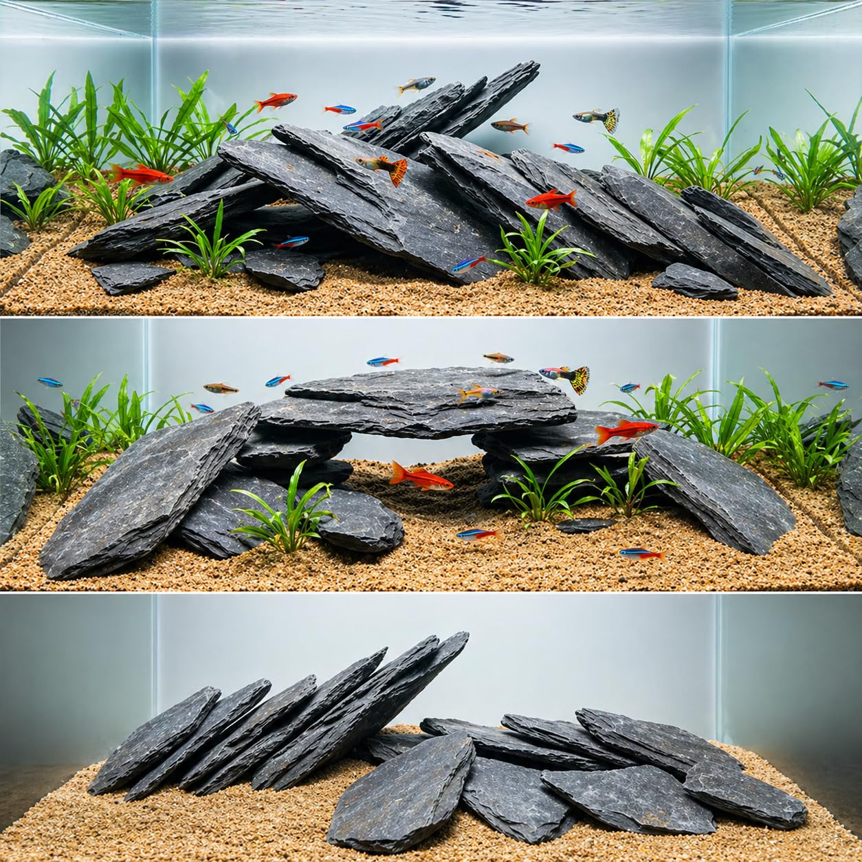 Slate rocks help maintain stable water conditions in tanks.