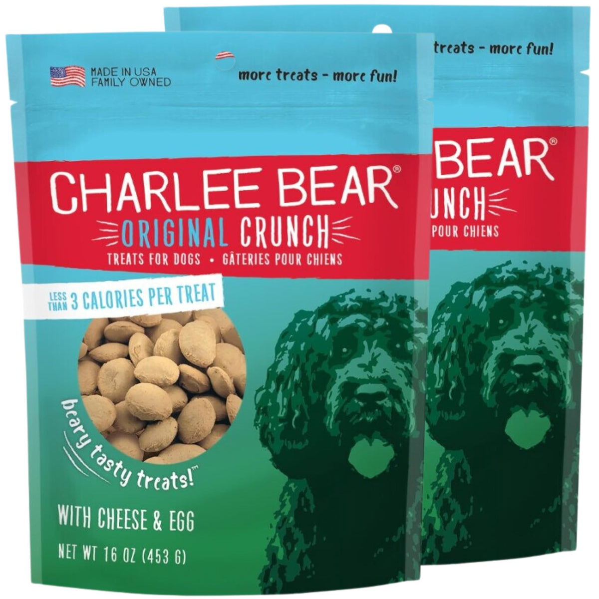 Charlee Bear cheese egg treats 2-pack front of bag, convenient training snack