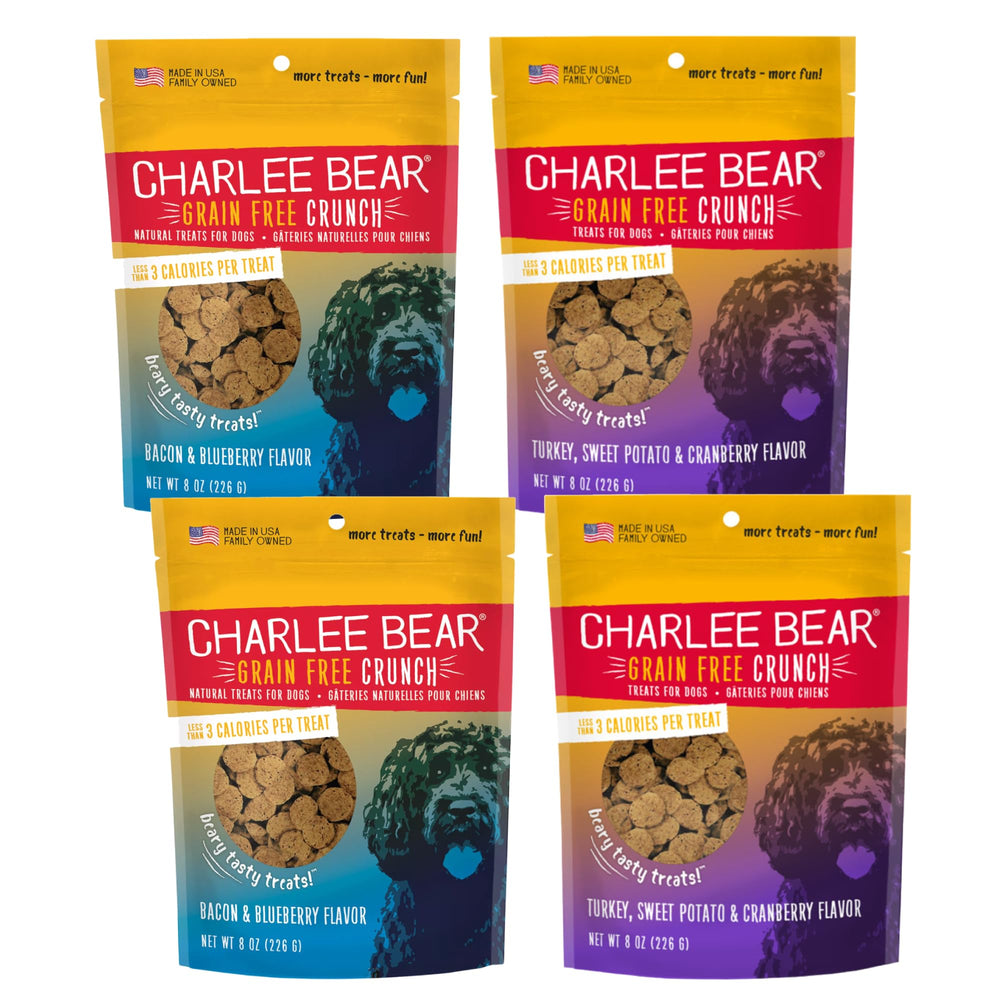 Charlee Bear Crunchy Dog Treats closeup, 3 kcal each, ideal for quick rewards.