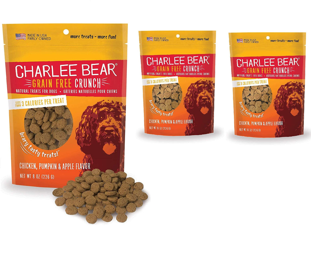 Charlee Bear Crunchy Treats pack front, low-calorie rewards for training.