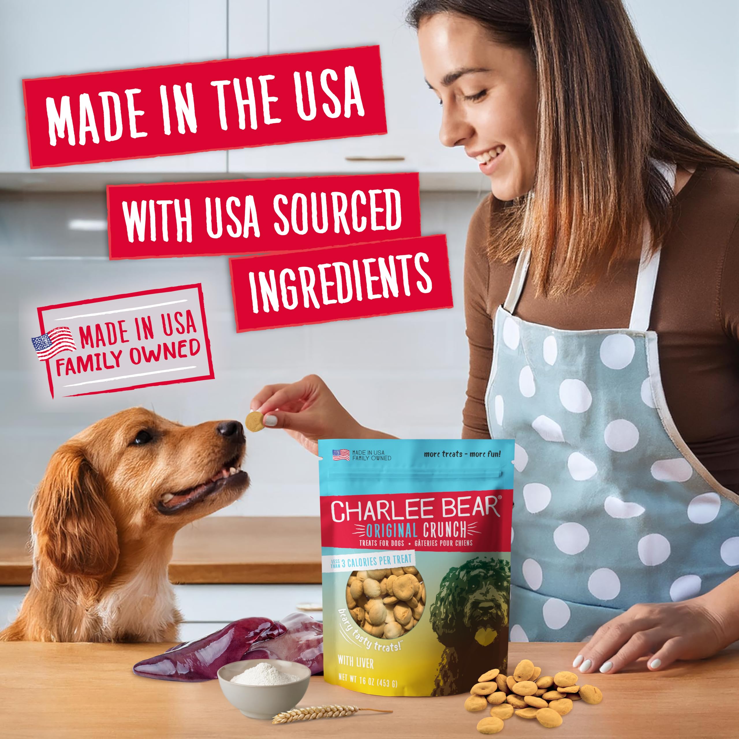 Charlee Bear Original Crunch Liver treats during a training session to reinforce commands