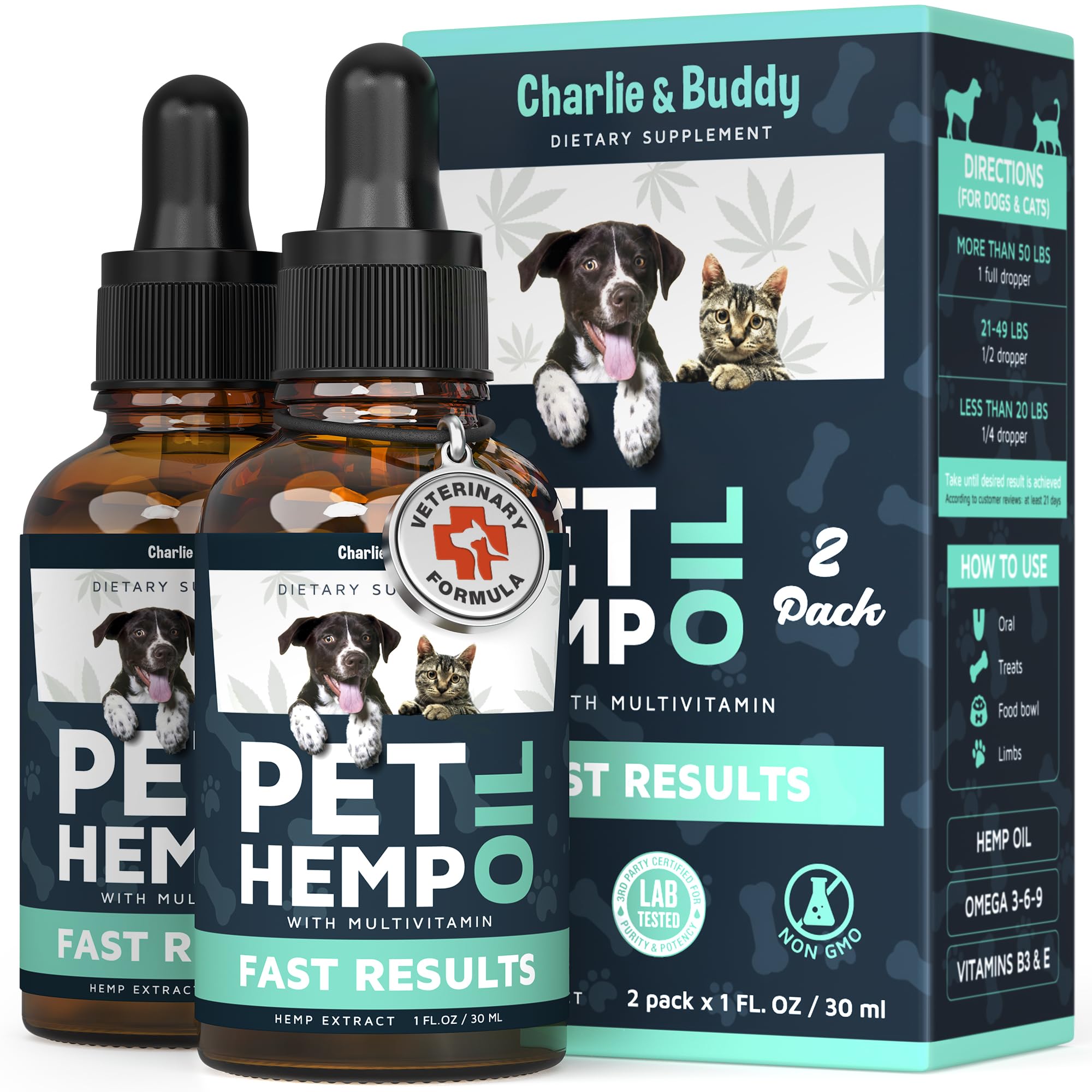 Charlie and Buddy hemp oil bottle pour easing anxious pets
