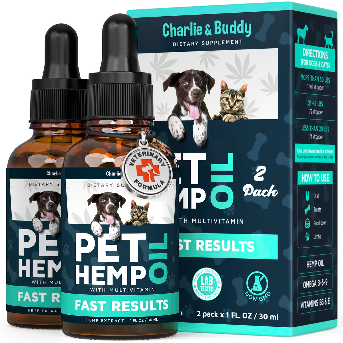 Charlie and Buddy hemp oil bottle pour easing anxious pets