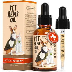 Charlie and Buddy hemp oil bottle pour for easy calming dosing