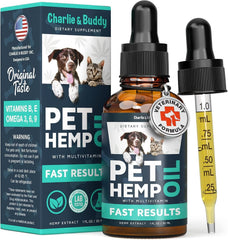Charlie & Buddy hemp oil bottle with dropper for calm in dogs and cats