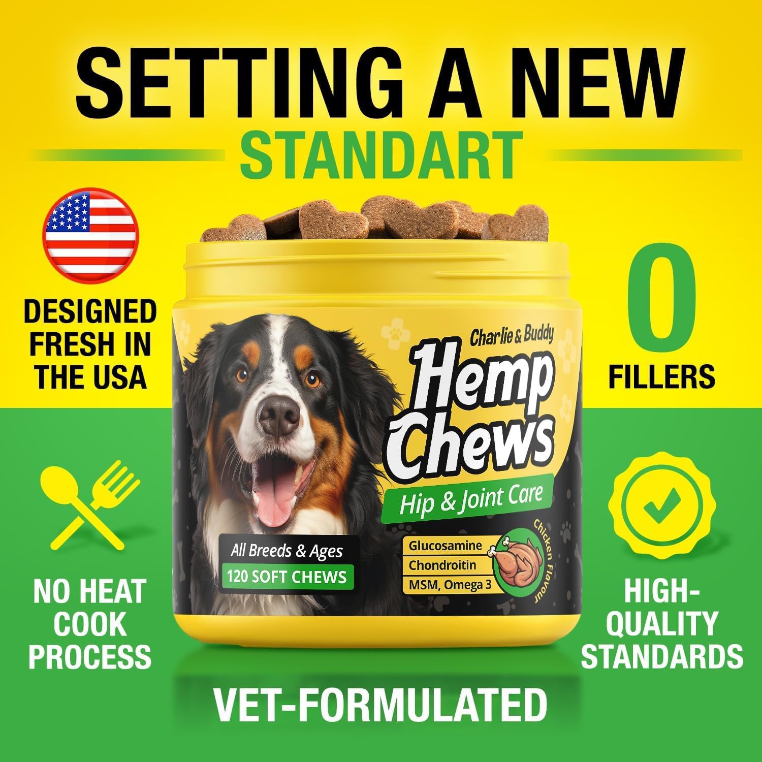 CHARLIE & BUDDY joint-wellness chews convey ongoing care for dogs.