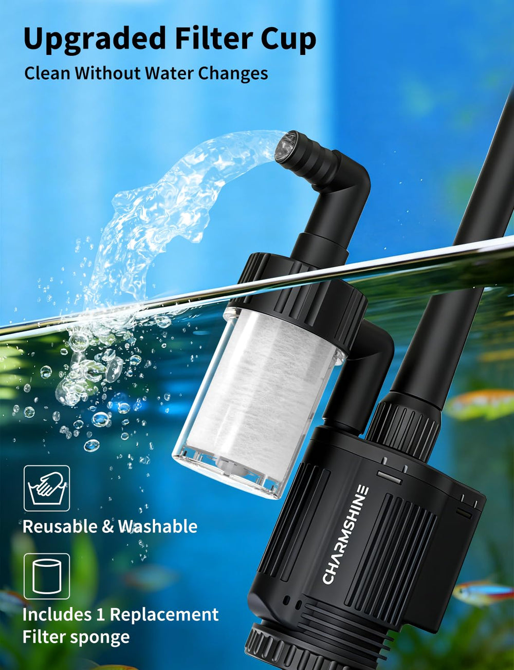 Charmshine adjustable telescopic tube extends cleanly for shallow and deep tanks.