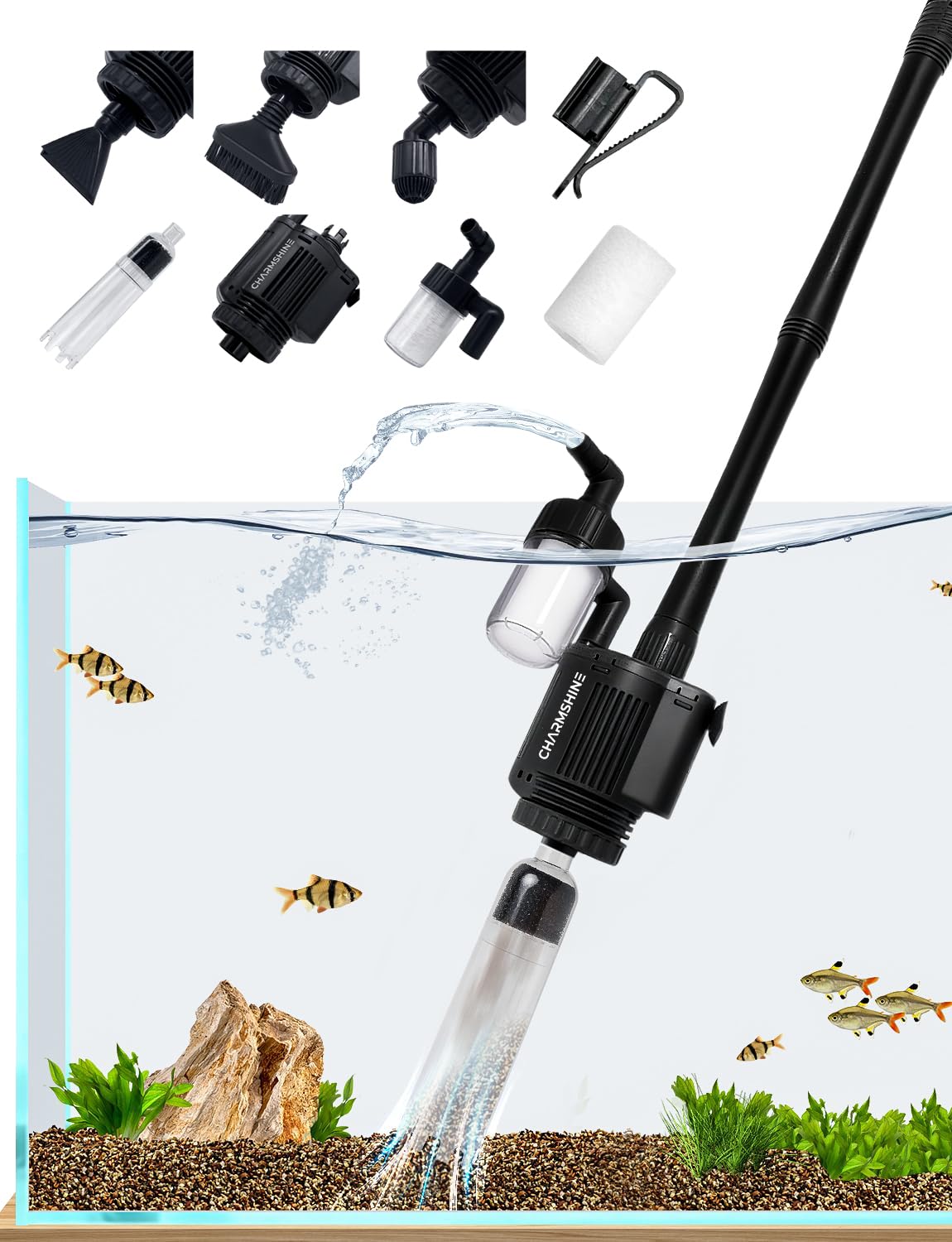 Charmshine Electric Aquarium Gravel Cleaner assembly shows durable filter cup for easy maintenance.